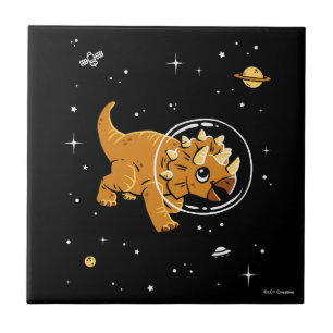 Tan Triceratops Dinos in Space Kakelplatta