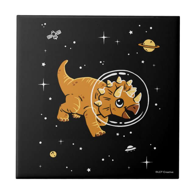 Tan Triceratops Dinos in Space Kakelplatta (Framsidan)