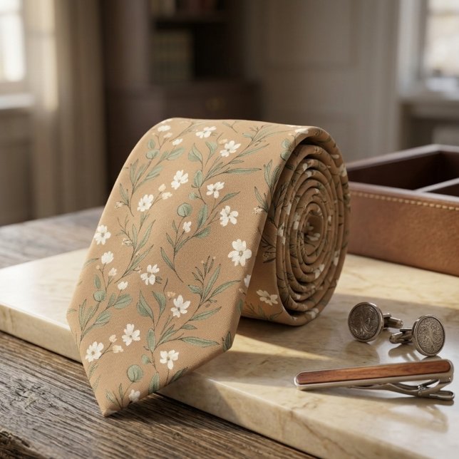 Tan Vildblomma Ömtålig Vit Blomning & Löv Slips (Skapare uppladdad)