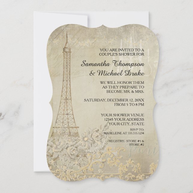 Tan Vintage Paris Parisiskt Stilfullt Parbröllop Inbjudningar (Baksida)