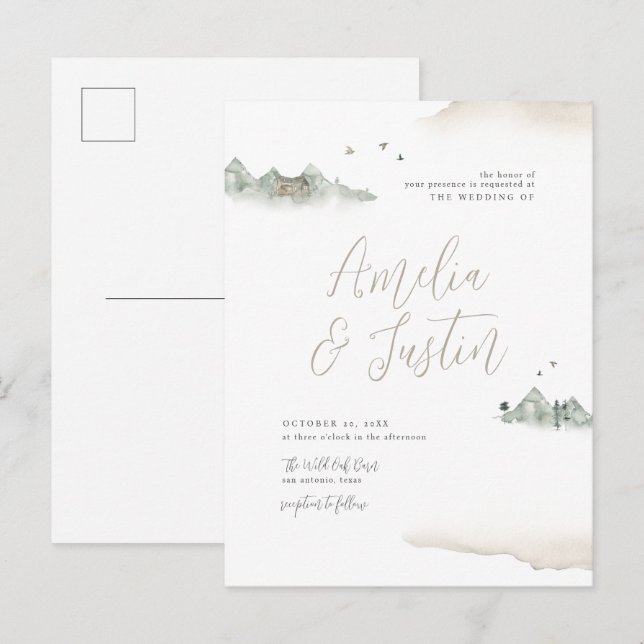 Tan Watercolor Mountain Destination Wedding Inbjudan Vykort (Fram/baksida)