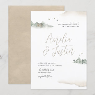 Tan Watercolor Mountain Destination Wedding Inbjudningar