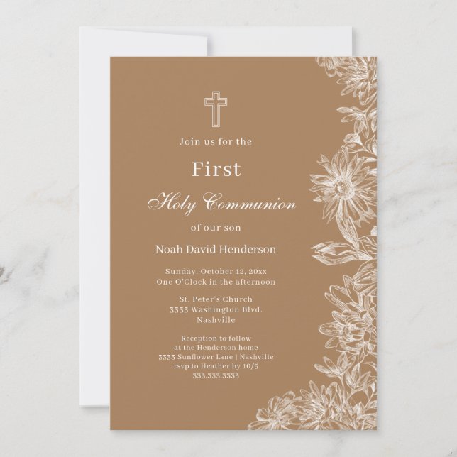 Tan White Blommigt First Heliga Communion Inbjudningar (Framsida)