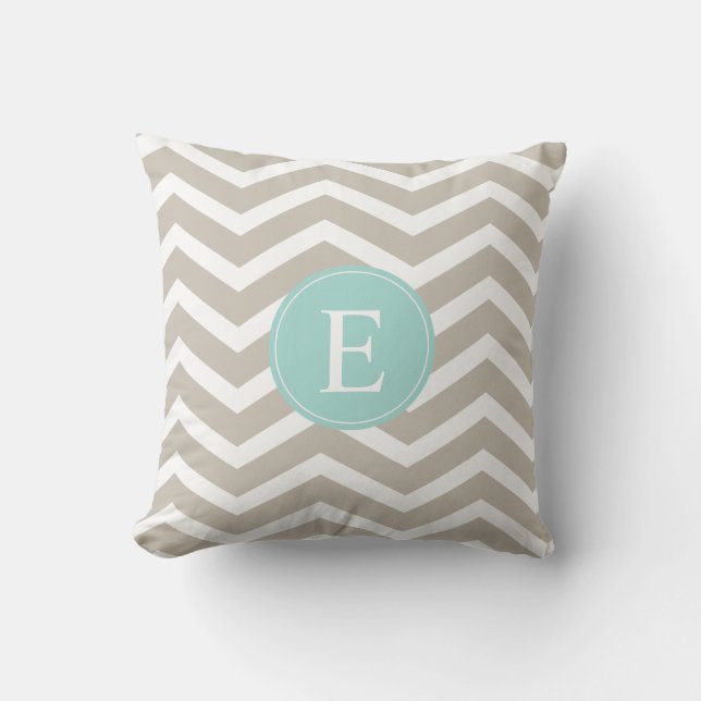 Tan White Chevron Teal Monogram Kudde (Framsida)