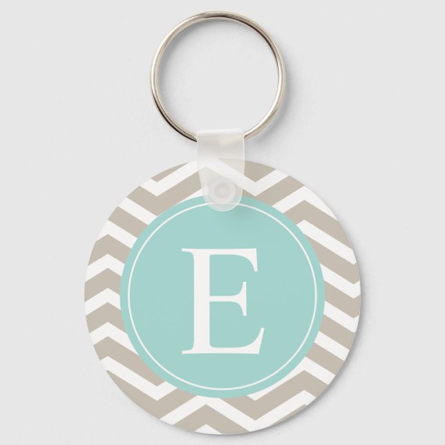 Tan White Chevron Teal Monogram Nyckelring (Framsida)