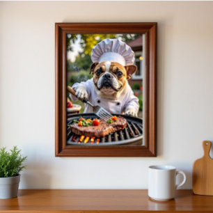Tan White Fransk Bulldog Grilling Chef Poster
