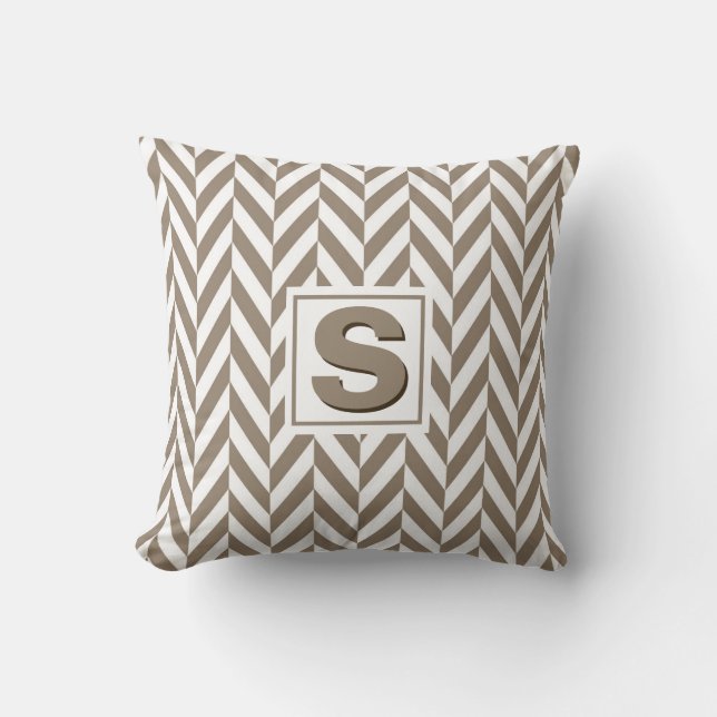 Tan White Herringbone Monogram Kudde (Framsida)
