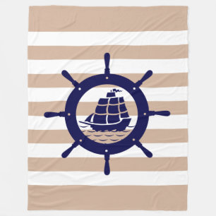 Tan & White Rand med Blue Nautical Boat Wheel Fleecefilt