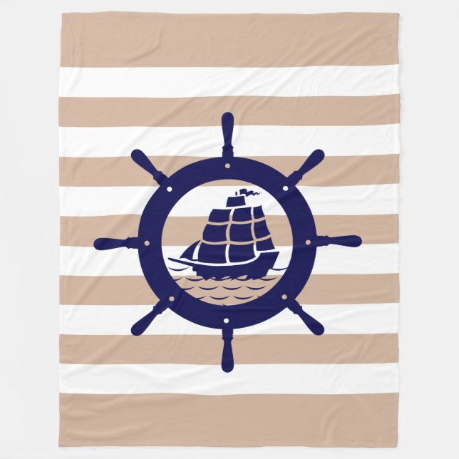 Tan & White Rand med Blue Nautical Boat Wheel Fleecefilt (Framsidan)