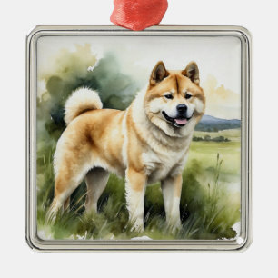 TAN & WHITE WATERCOLOR AKITA HUND JULGRANSPRYDNAD METALL