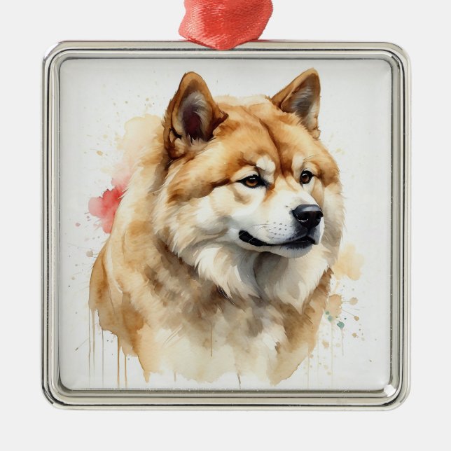 TAN & WHITE WATERCOLOR AKITA HUND JULGRANSPRYDNAD METALL (Framsidan)