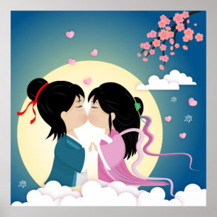 Tanabata Cowherd och Weaver Girl Button Postcard Poster