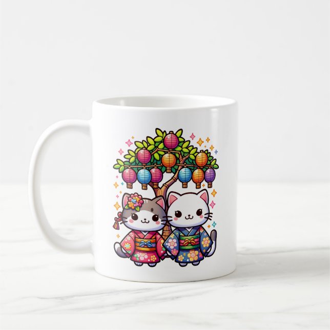 Tanabata-kattungar i kimono kaffemugg (Vänster)