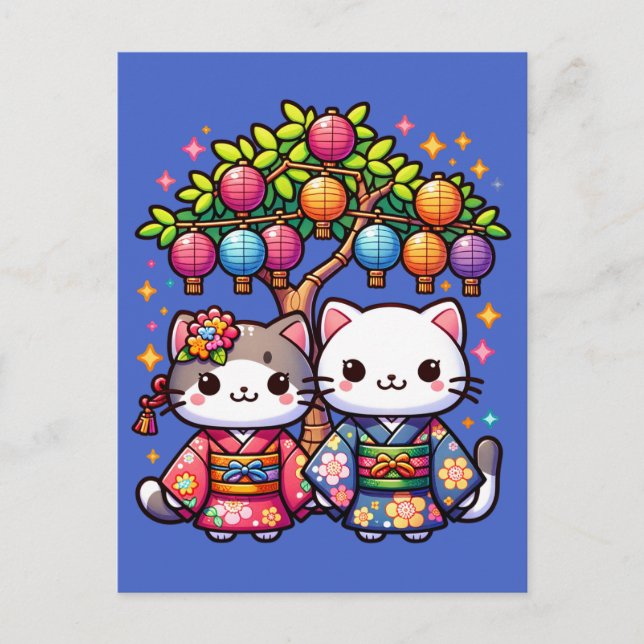 Tanabata-kattungar i kimono vykort (Framsida)