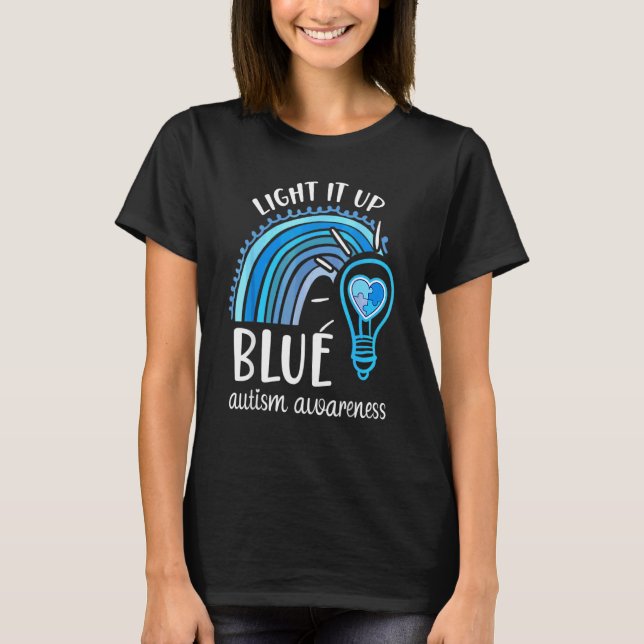 Tänd Blått Pussel Regnbåge Autism Acceptans T Shirt (Framsida)