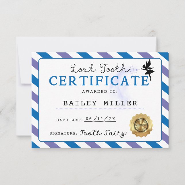 Tand Fairy Borttappad Tooth Certification Printabl Inbjudningar (Framsida)