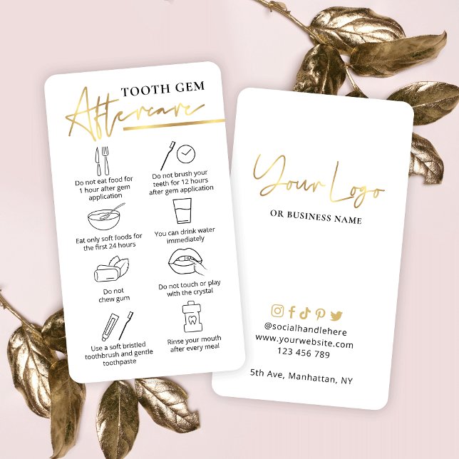 Tand Gem After Care Instructions White & Guld Visitkort (Tooth gem care instructions cards in a lux white and gold design with care icons)