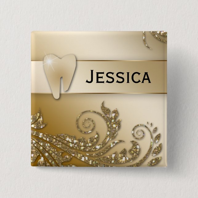 Tand Löv för tandläkaren Namn bricka Guld Glitter Knapp (Framsida)