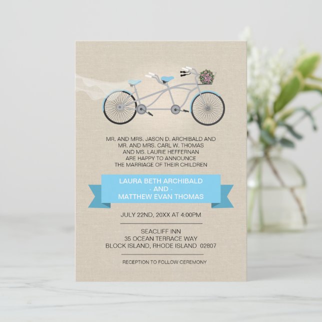 Tandem Bicycle Bröllop Faux Linen Inbjudningar (Stående Fram)