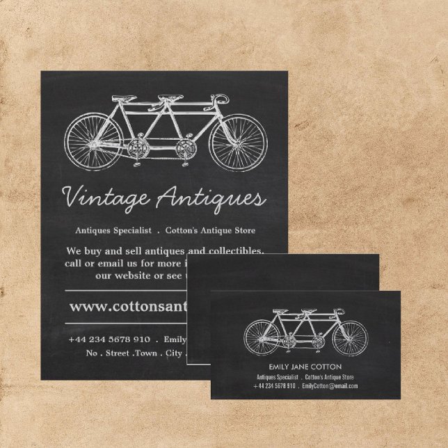 Tandem Bicycle & Chalkboard, Antique Dealer Visitkort (Skapare uppladdad)