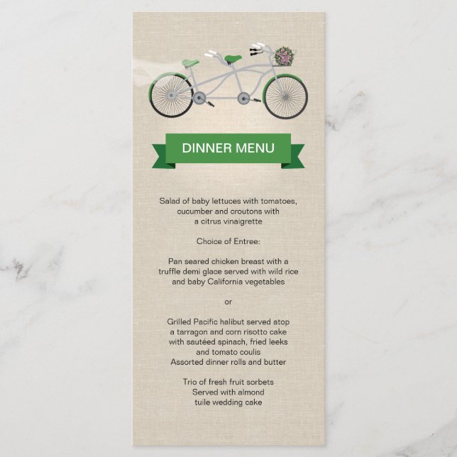 Tandem Bicycle Grönt Bröllop Menu Faux Linen Meny (Framsida)