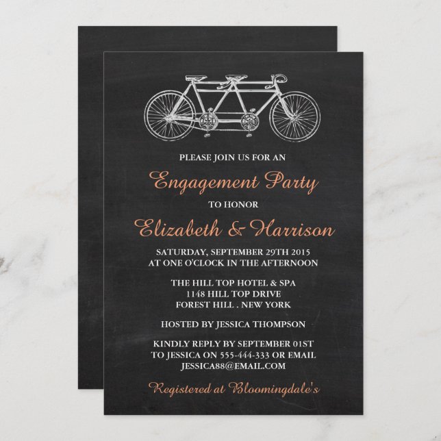 Tandem Bicycle on Chalkboard Enagement Party Inbjudningar (Fram/baksida)