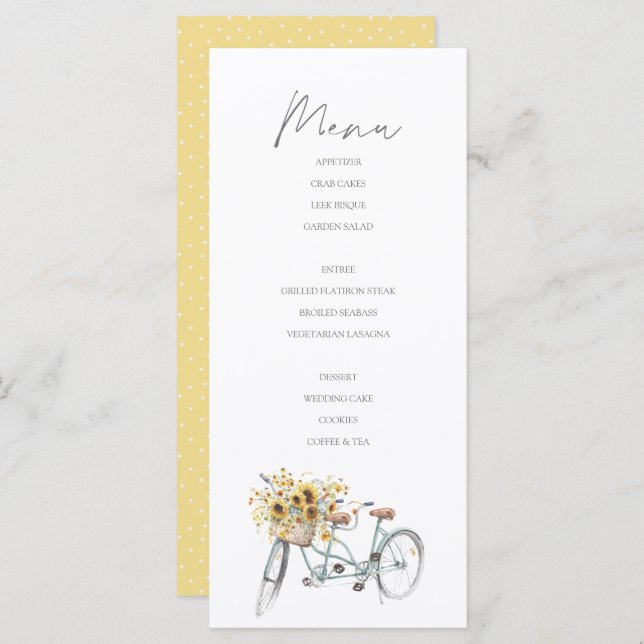 Tandem Bicycle Rustic Solros Watercolor Bröllop Meny (Fram/baksida)