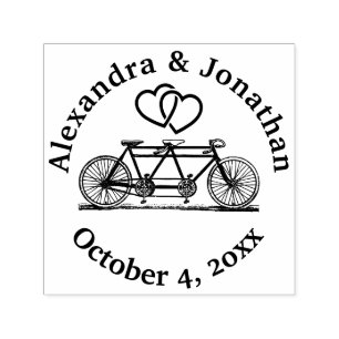 Tandem cykel för två & hjärtan namn datum självfärgande stämpel