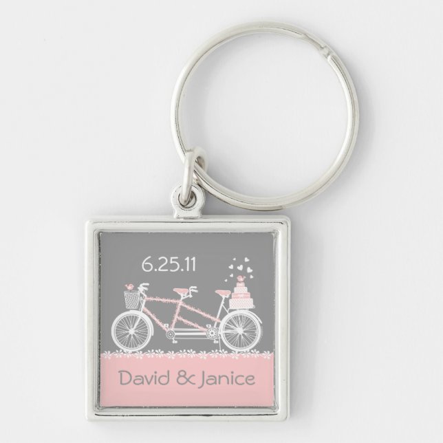 Tandem cykelbröllopminnessak Keychain Fyrkantig Silverfärgad Nyckelring (Framsidan)