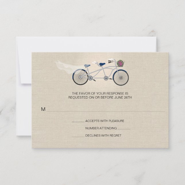 Tandem Mörk blått Bicycle Bröllop Faux Linen OSA Kort (Framsida)