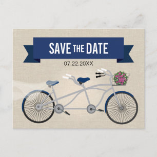 Tandem Mörkblå Cykel Bröllop Save the Date Meddelande Vykort