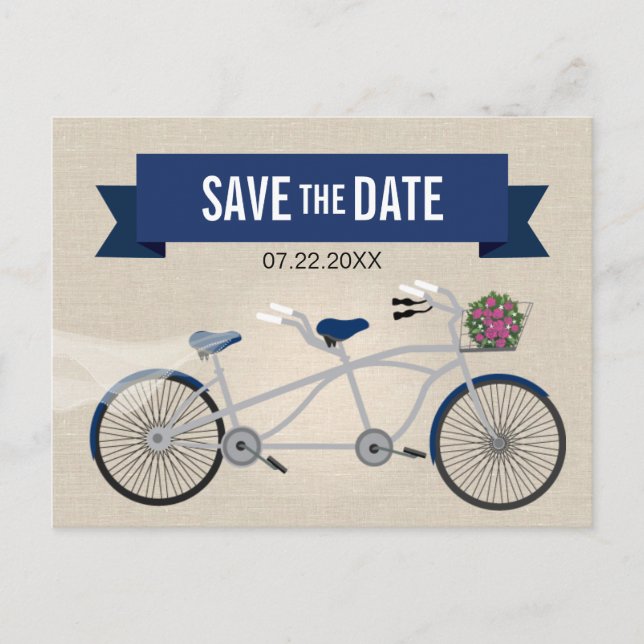 Tandem Mörkblå Cykel Bröllop Save the Date Meddelande Vykort (Framsida)