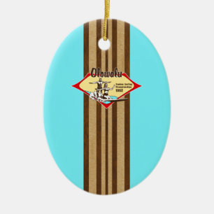 Tandem Surfing Hawaiian Faux Wood Surfboard Julgransprydnad Keramik