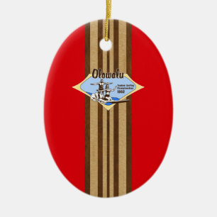 Tandem Surfing Hawaiian Faux Wood Surfboard Julgransprydnad Keramik