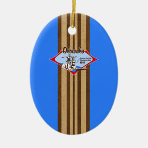Tandem Surfing Hawaiian Faux Wood Surfboard Julgransprydnad Keramik