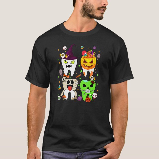 Tänder Spök Pumpa Häxa Söt Tand- Halloween De T Shirt (Framsida)