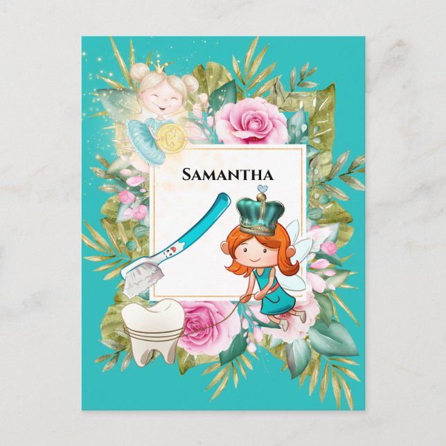 Tandfén tandborste guldmynt ros ram vykort (Framsida)