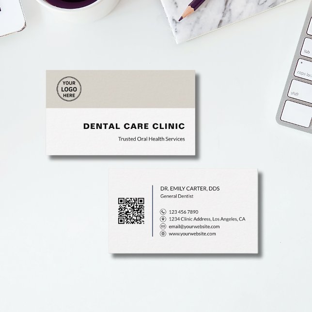 Tandklinik Tandläkare Professionell Logotyp QR-kod Visitkort (Dental Clinic Dentist Professional Logo QR Code Business Card)