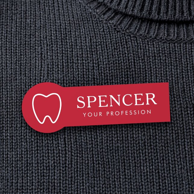 Tandkontur röd tandläkare klinik namnbricka (Tooth outline red dentist dental clinic name tag)