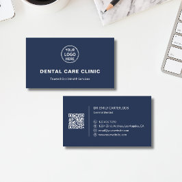 Tandläkar klinik anpassad logotyp QR marinblå Visitkort