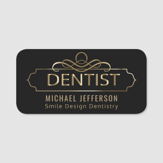 Tandläkarekontor - utsmyckade svart och guld namnbricka (Framsida)