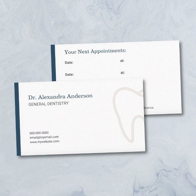 Tandläkarens möteskort med marinblå accenter visitkort (Dentist Appointment Card with Navy Blue Accents)