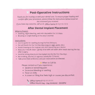 Tandläkarens postoperativa instruktionsblock (impl anteckningsblock