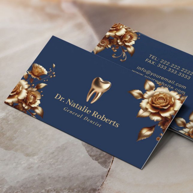 Tandläkarkontor i Dentist Modern Navy & Guld Blomm Visitkort (Skapare uppladdad)