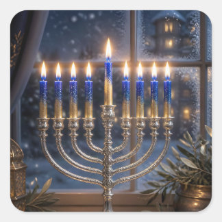 Tandlelit Hanukkah-firande Fyrkantigt Klistermärke