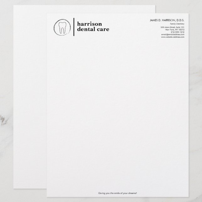 Tandsketch-Logotyp, svart/vit dentist Brevhuvud (Fram/baksida)