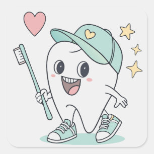 Tandtandens Tecknad med tandborste - Stickers Fyrkantigt Klistermärke