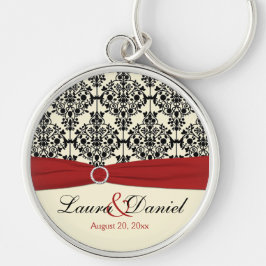 Tangentkedjan Cream, Red och Black Damask Wedding Rund Silverfärgad Nyckelring