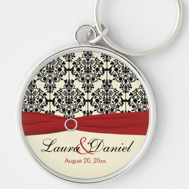 Tangentkedjan Cream, Red och Black Damask Wedding Rund Silverfärgad Nyckelring (Framsidan)
