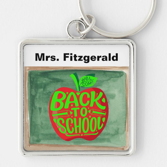 Tangentkedjan Red Apple i back to school Fyrkantig Silverfärgad Nyckelring (Framsidan)